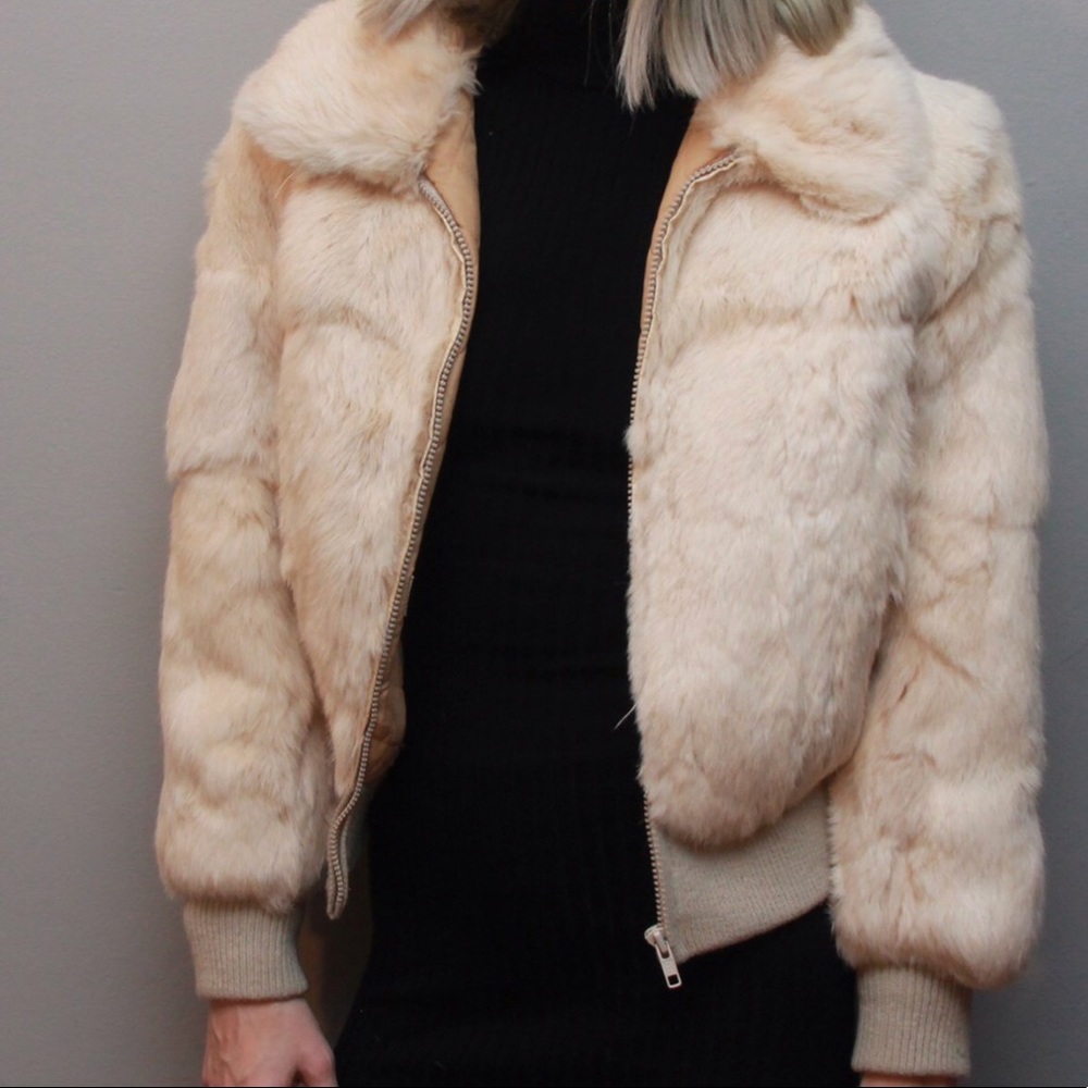 White cream Rabbit fur bomber vintage jacket